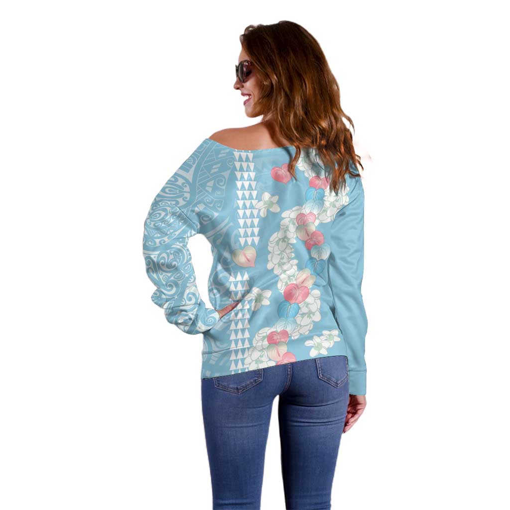 Blue Hawaii Anthurium Plumeria Lei Off Shoulder Sweater LT9 - Polynesian Pride
