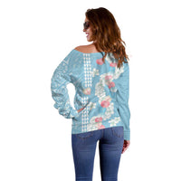 Blue Hawaii Anthurium Plumeria Lei Off Shoulder Sweater LT9 - Polynesian Pride