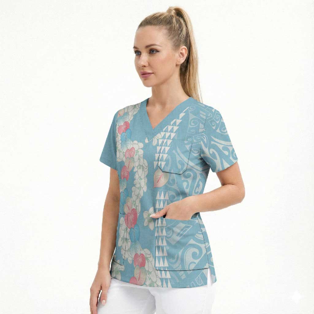 Blue Hawaii Anthurium Plumeria Lei Scrub Top LT9 - Polynesian Pride