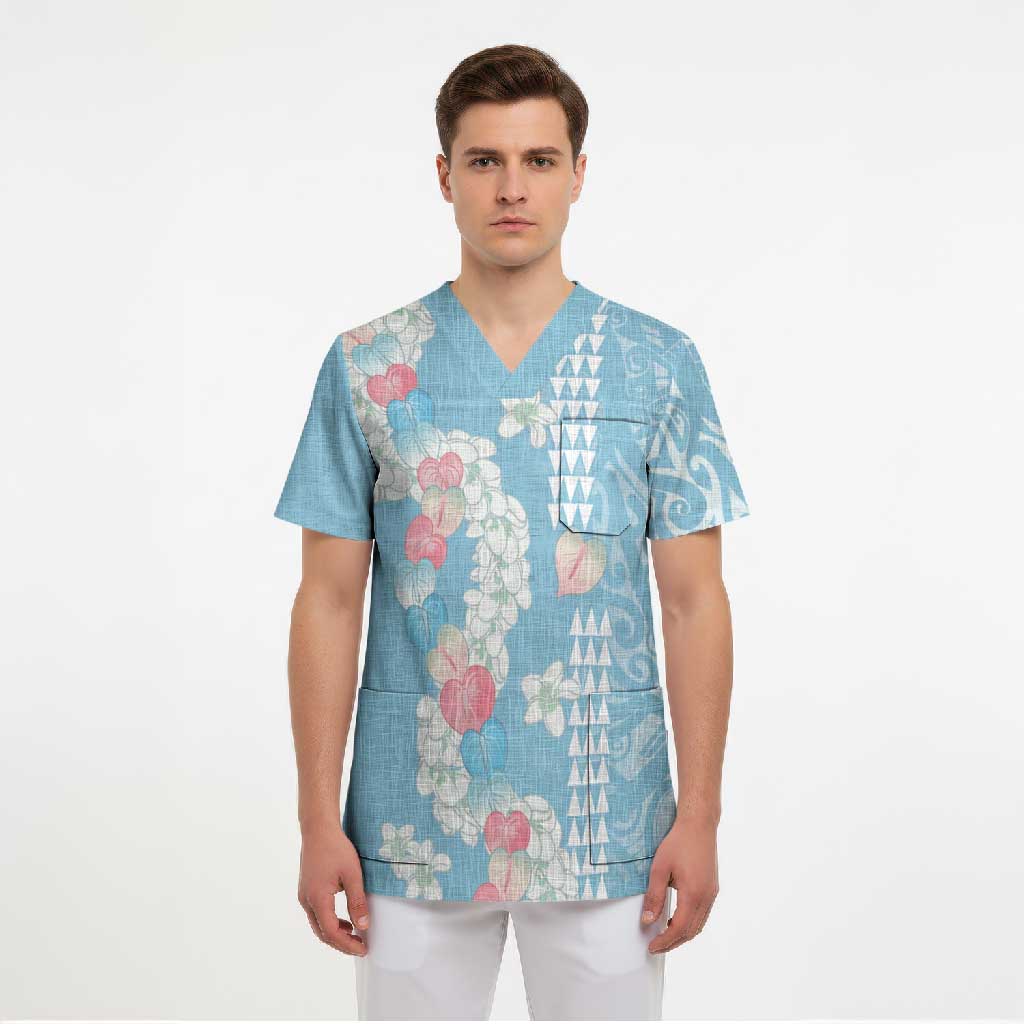 Blue Hawaii Anthurium Plumeria Lei Scrub Top LT9 - Polynesian Pride
