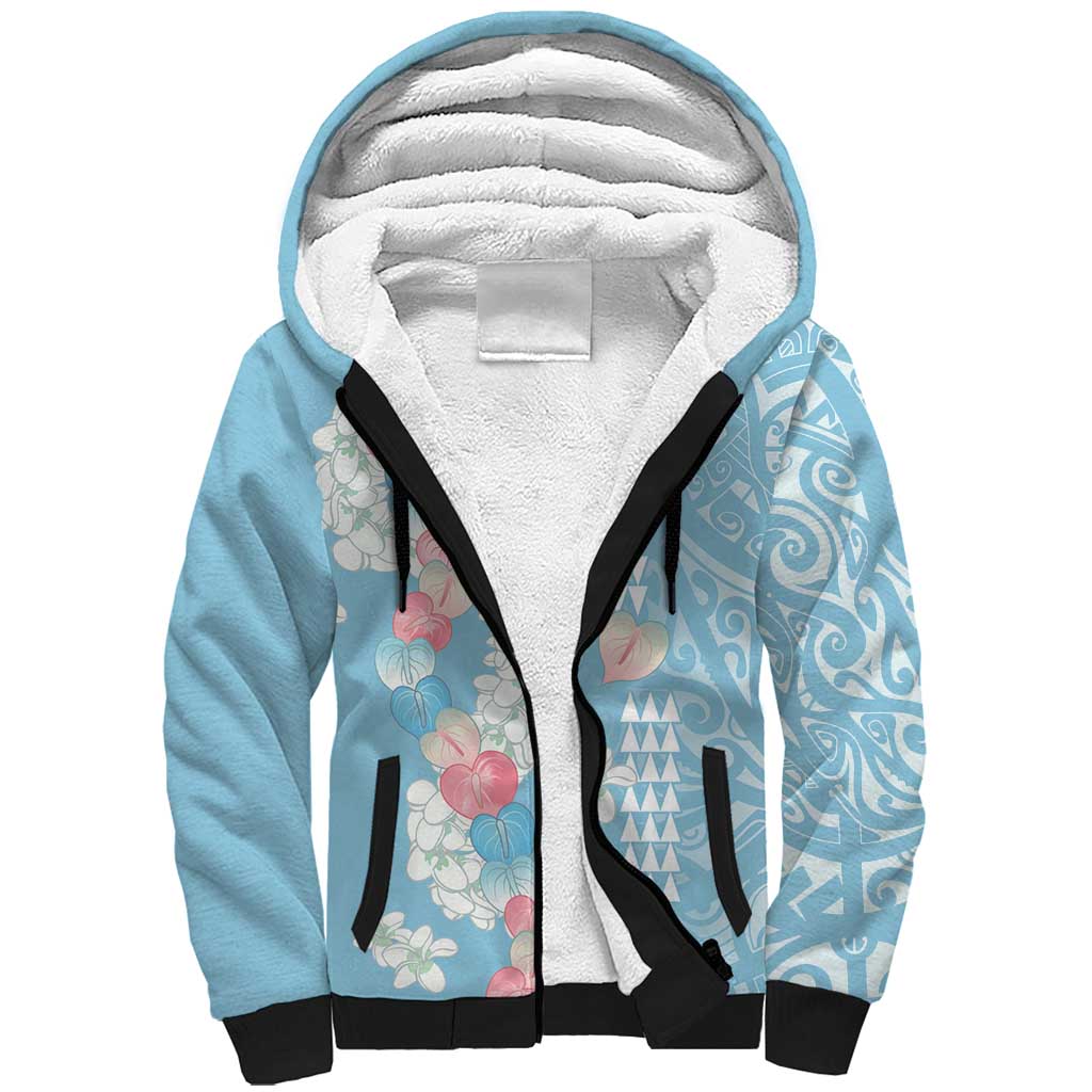 Blue Hawaii Anthurium Plumeria Lei Sherpa Hoodie