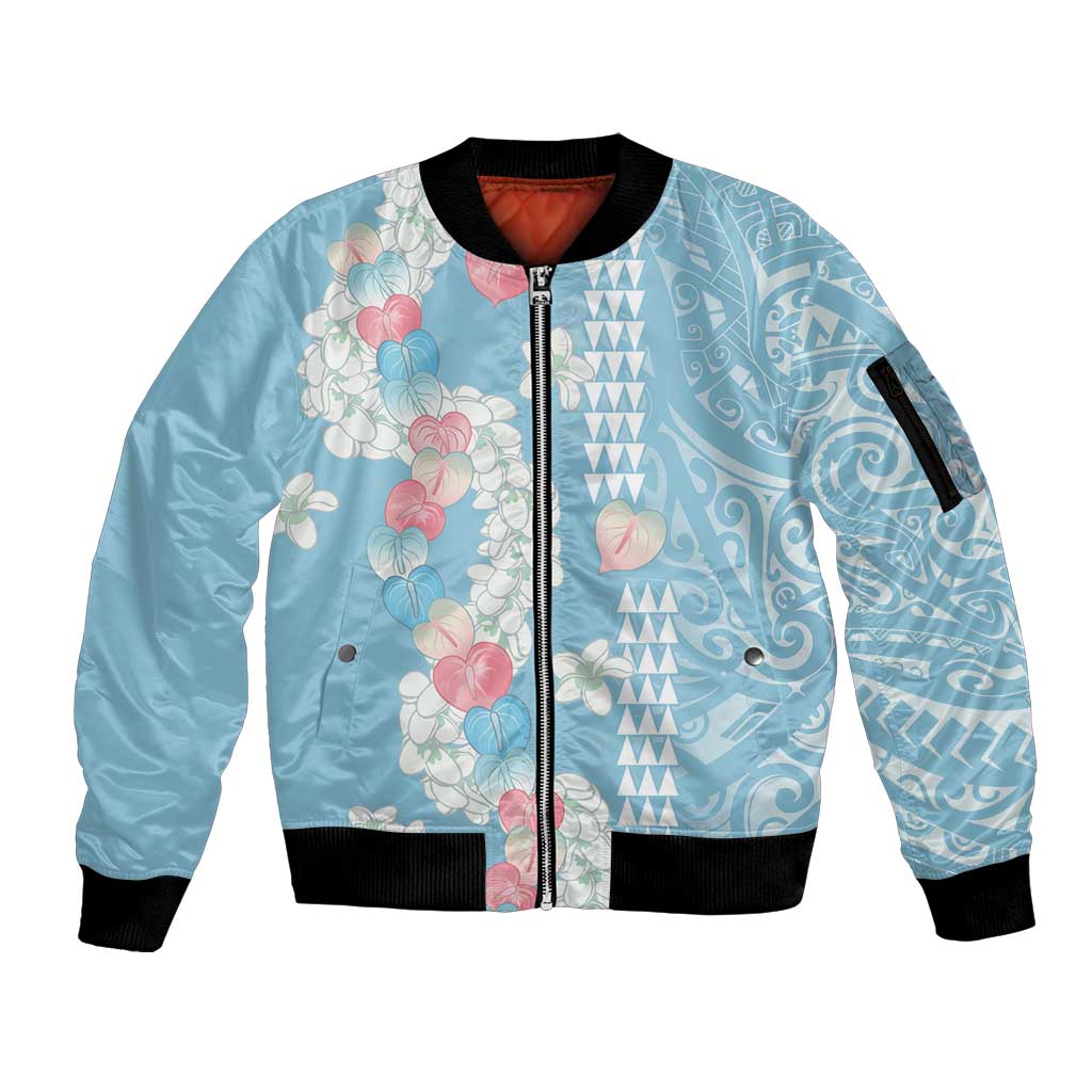Blue Hawaii Anthurium Plumeria Lei Sleeve Zip Bomber Jacket