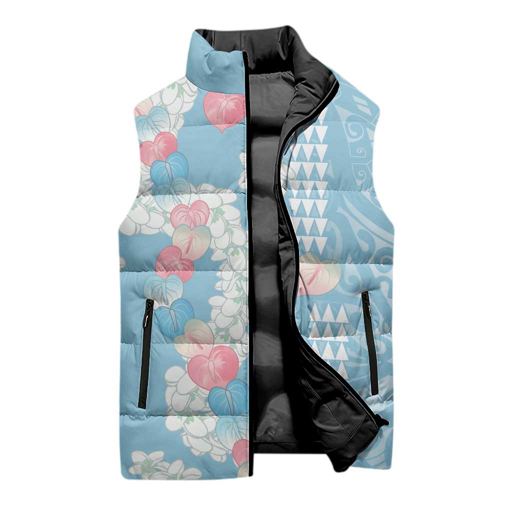 Blue Hawaii Anthurium Plumeria Lei Sleeveless Puffer Jacket LT9 - Polynesian Pride