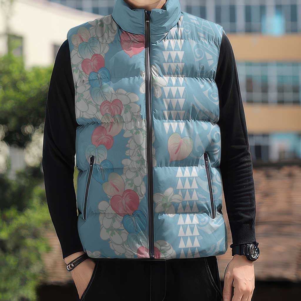 Blue Hawaii Anthurium Plumeria Lei Sleeveless Puffer Jacket LT9 - Polynesian Pride