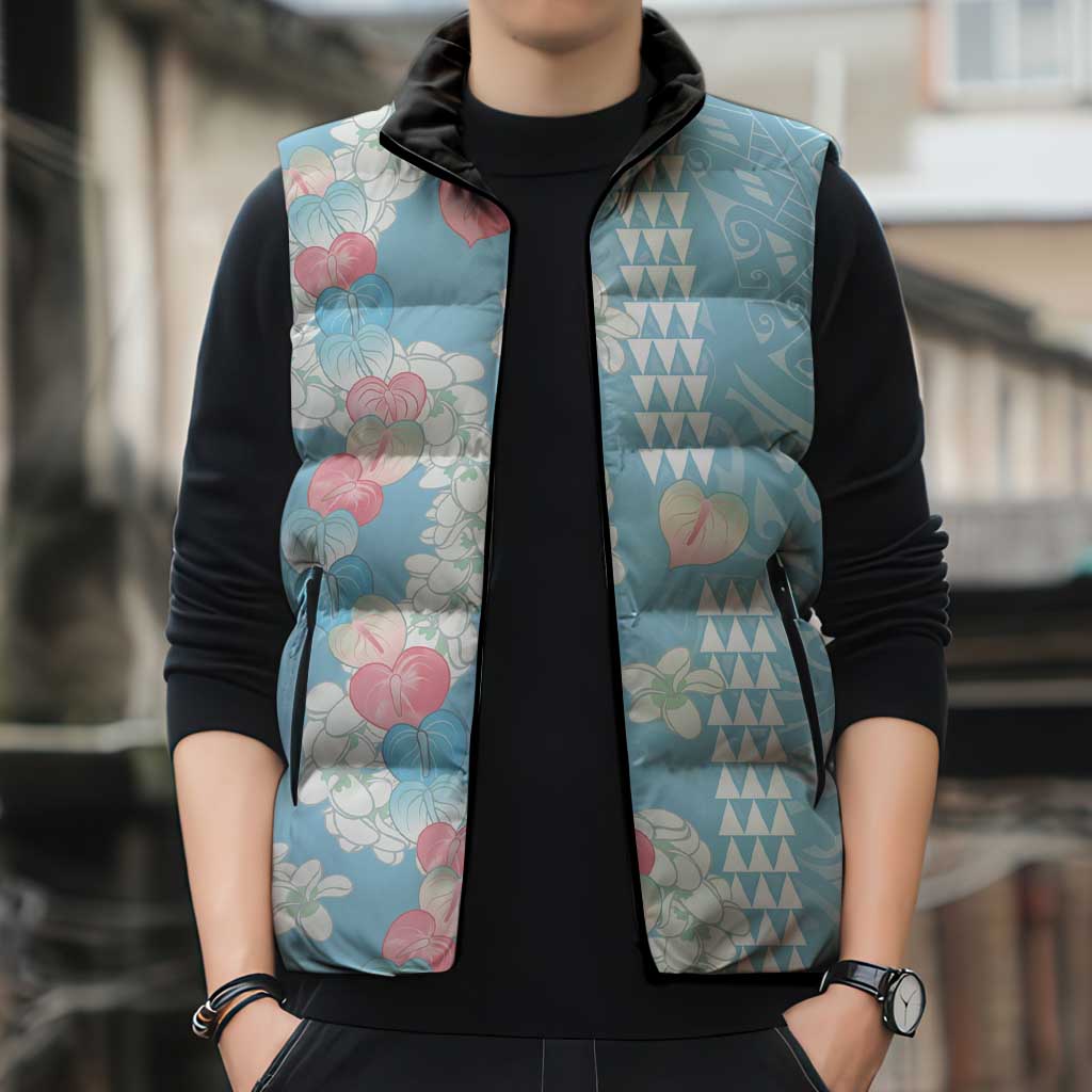 Blue Hawaii Anthurium Plumeria Lei Sleeveless Puffer Jacket LT9 - Polynesian Pride