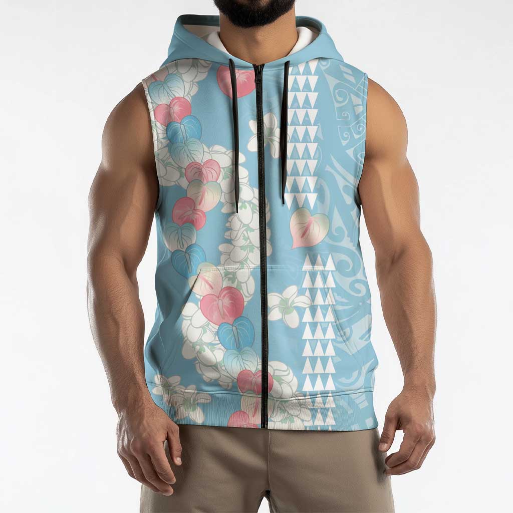 Blue Hawaii Anthurium Plumeria Lei Sleeveless Zip Hoodie LT9 - Polynesian Pride