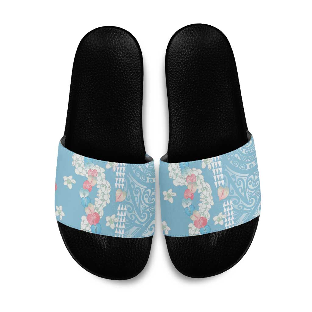 Blue Hawaii Anthurium Plumeria Lei Slide Sandals LT9 Blue - Polynesian Pride