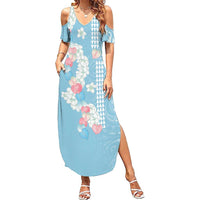 Blue Hawaii Anthurium Plumeria Lei Summer Maxi Dress LT9 Women Blue - Polynesian Pride