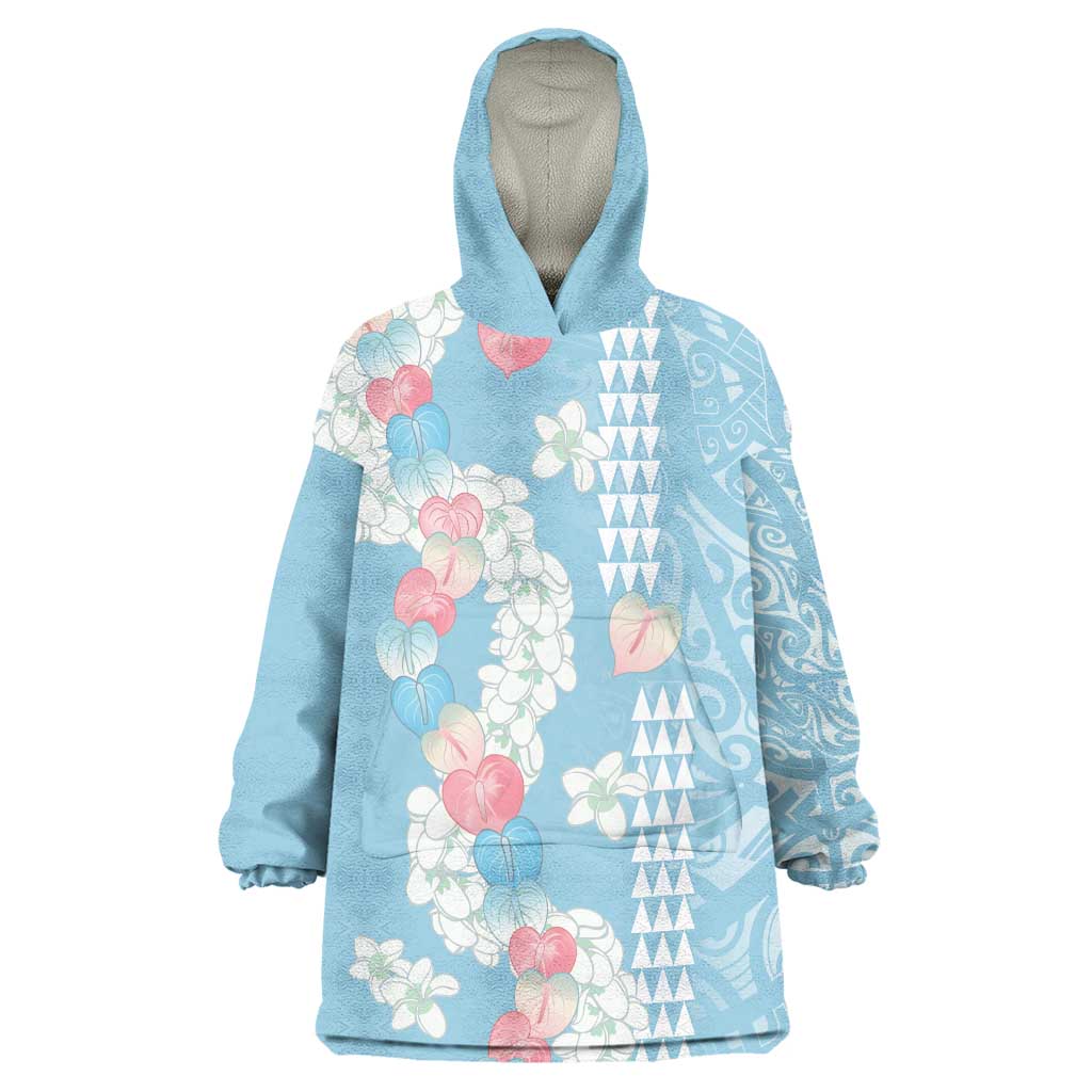 Blue Hawaii Anthurium Plumeria Lei Wearable Blanket Hoodie LT9 One Size Blue - Polynesian Pride