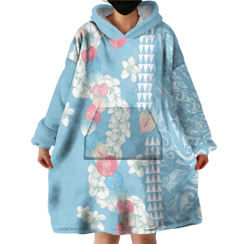 Blue Hawaii Anthurium Plumeria Lei Wearable Blanket Hoodie LT9 - Polynesian Pride