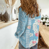 Blue Hawaii Anthurium Plumeria Lei Women Casual Shirt