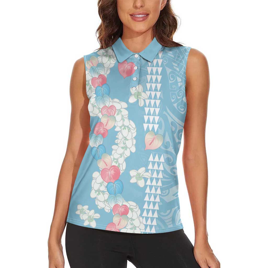 Blue Hawaii Anthurium Plumeria Lei Women Sleeveless Polo Shirt LT9 - Polynesian Pride