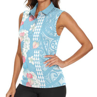 Blue Hawaii Anthurium Plumeria Lei Women Sleeveless Polo Shirt LT9 - Polynesian Pride