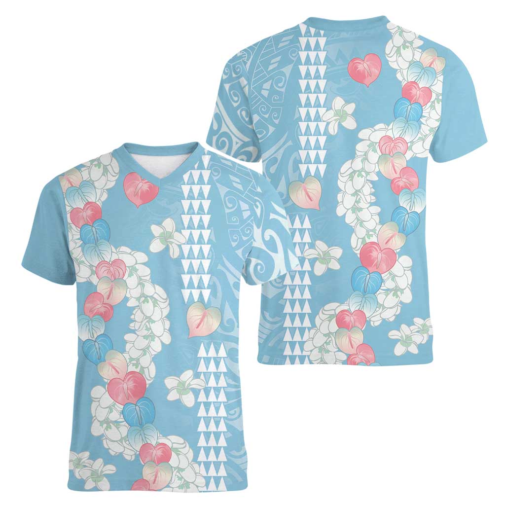 Blue Hawaii Anthurium Plumeria Lei Women V-Neck T-Shirt LT9 - Polynesian Pride