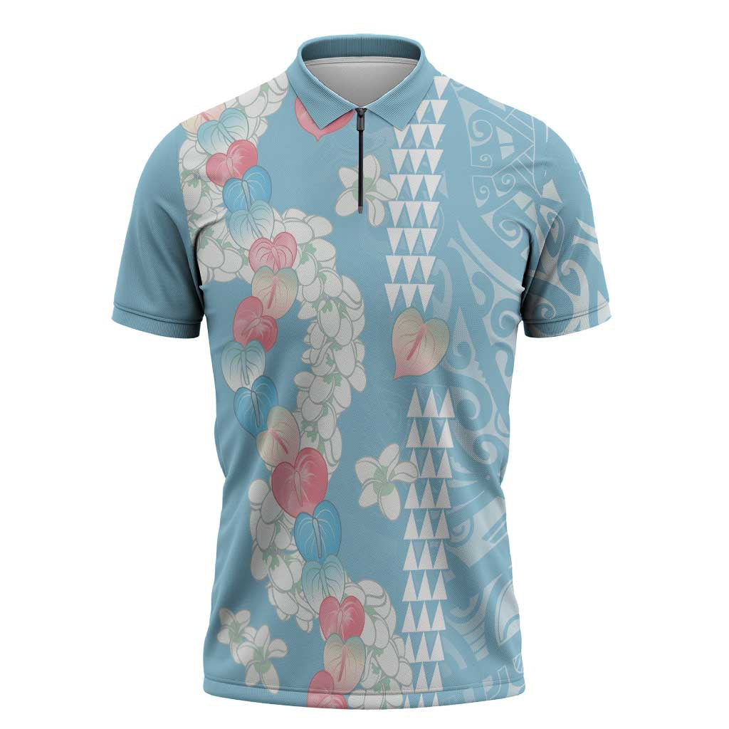 Blue Hawaii Anthurium Plumeria Lei Zipper Polo Shirt LT9 Blue - Polynesian Pride
