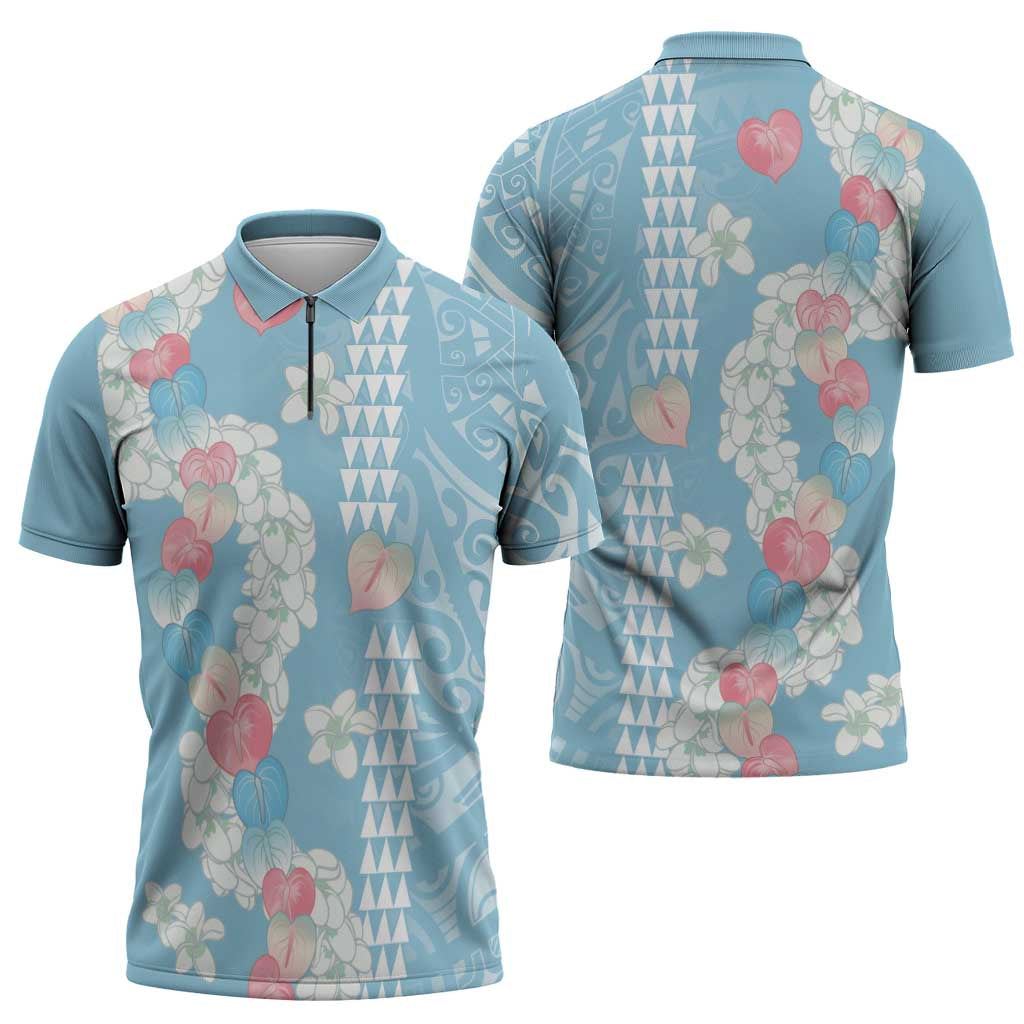Blue Hawaii Anthurium Plumeria Lei Zipper Polo Shirt LT9 - Polynesian Pride