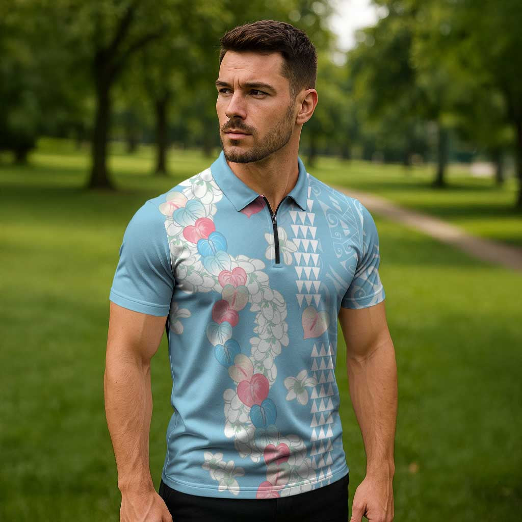 Blue Hawaii Anthurium Plumeria Lei Zipper Polo Shirt LT9 - Polynesian Pride