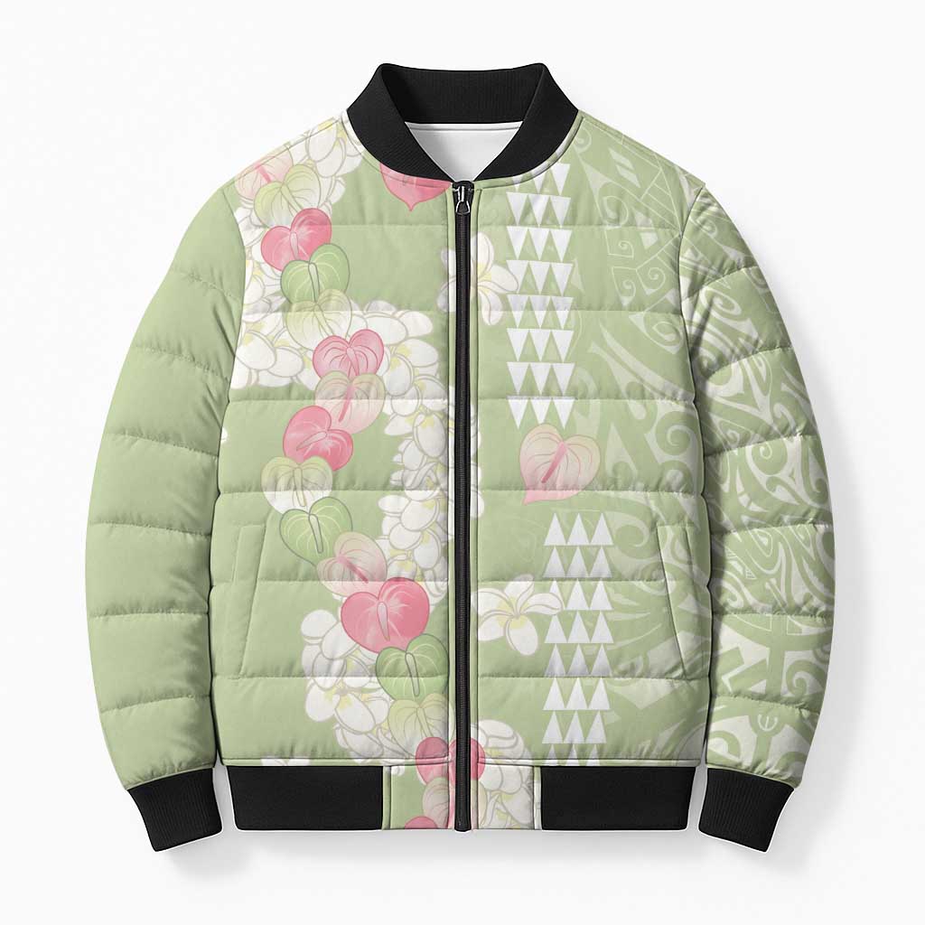 Leaf Green Hawaii Anthurium Plumeria Lei Bomber Puffer Jacket LT9 Unisex Green - Polynesian Pride