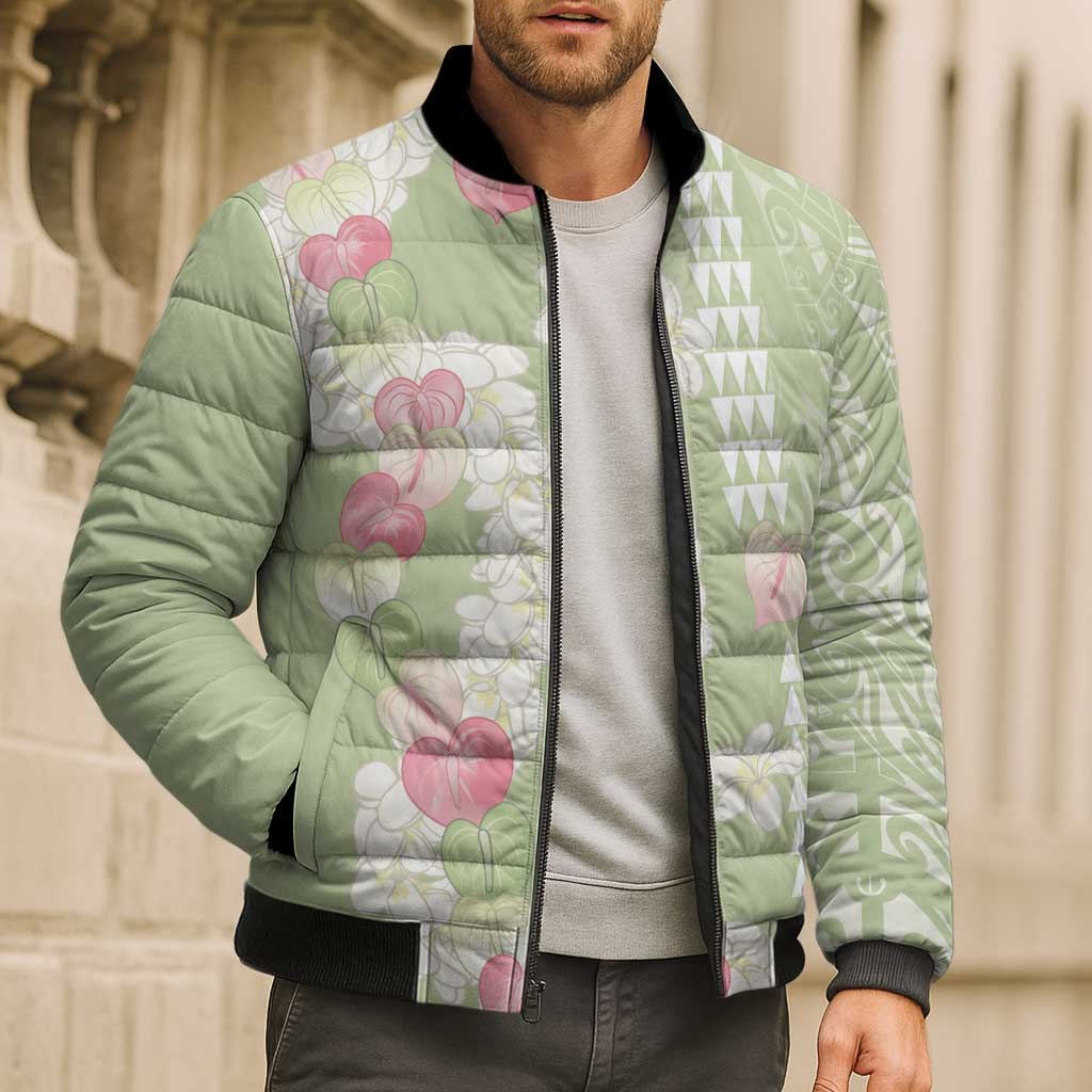 Leaf Green Hawaii Anthurium Plumeria Lei Bomber Puffer Jacket LT9 - Polynesian Pride