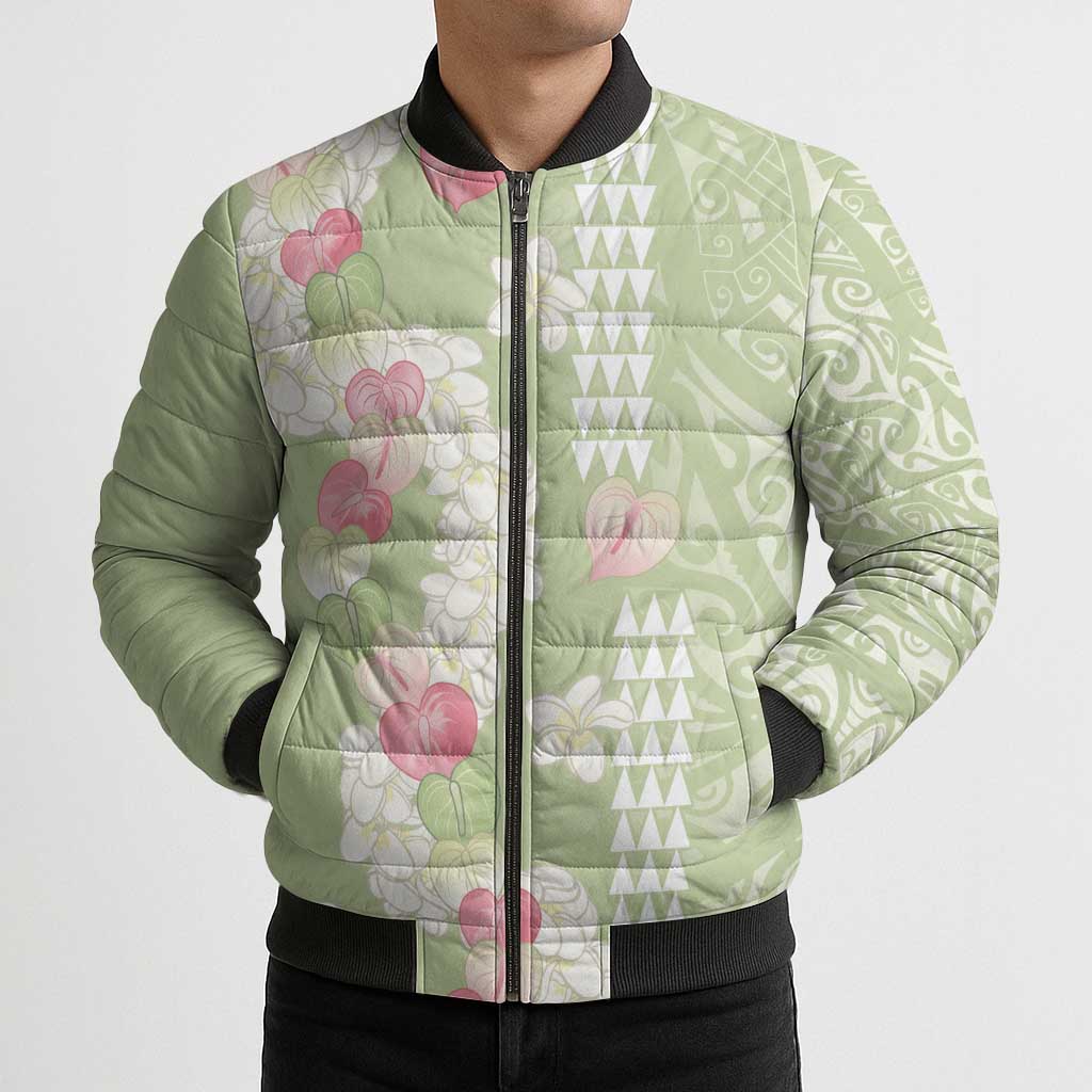 Leaf Green Hawaii Anthurium Plumeria Lei Bomber Puffer Jacket LT9 - Polynesian Pride