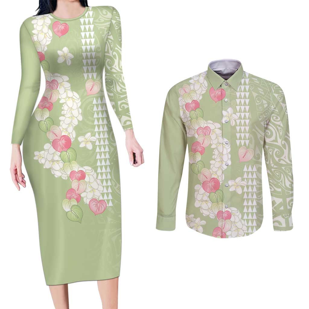 Leaf Green Hawaii Anthurium Plumeria Lei Couples Matching Long Sleeve Bodycon Dress and Long Sleeve Button Shirt