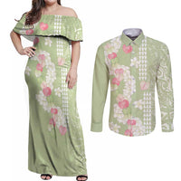 Leaf Green Hawaii Anthurium Plumeria Lei Couples Matching Off Shoulder Maxi Dress and Long Sleeve Button Shirt LT9 Green - Polynesian Pride