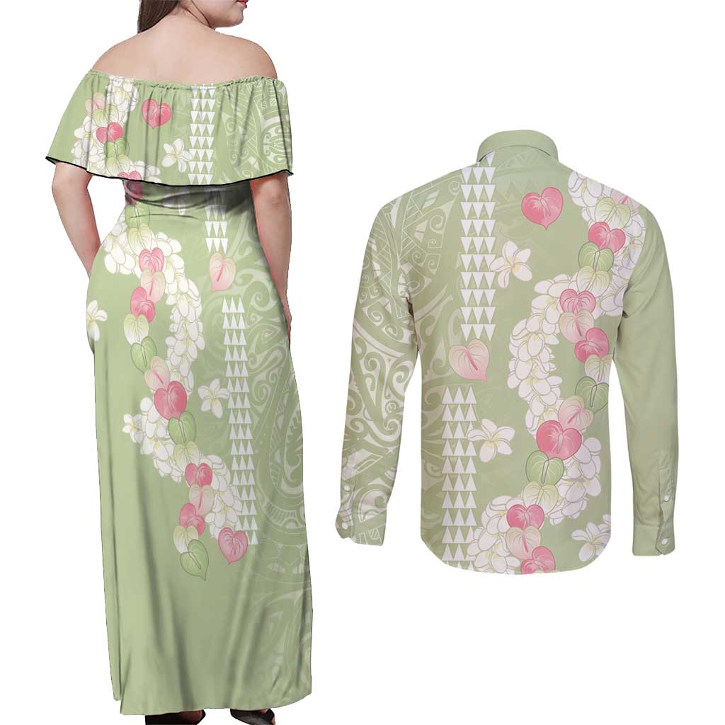 Leaf Green Hawaii Anthurium Plumeria Lei Couples Matching Off Shoulder Maxi Dress and Long Sleeve Button Shirt LT9 - Polynesian Pride