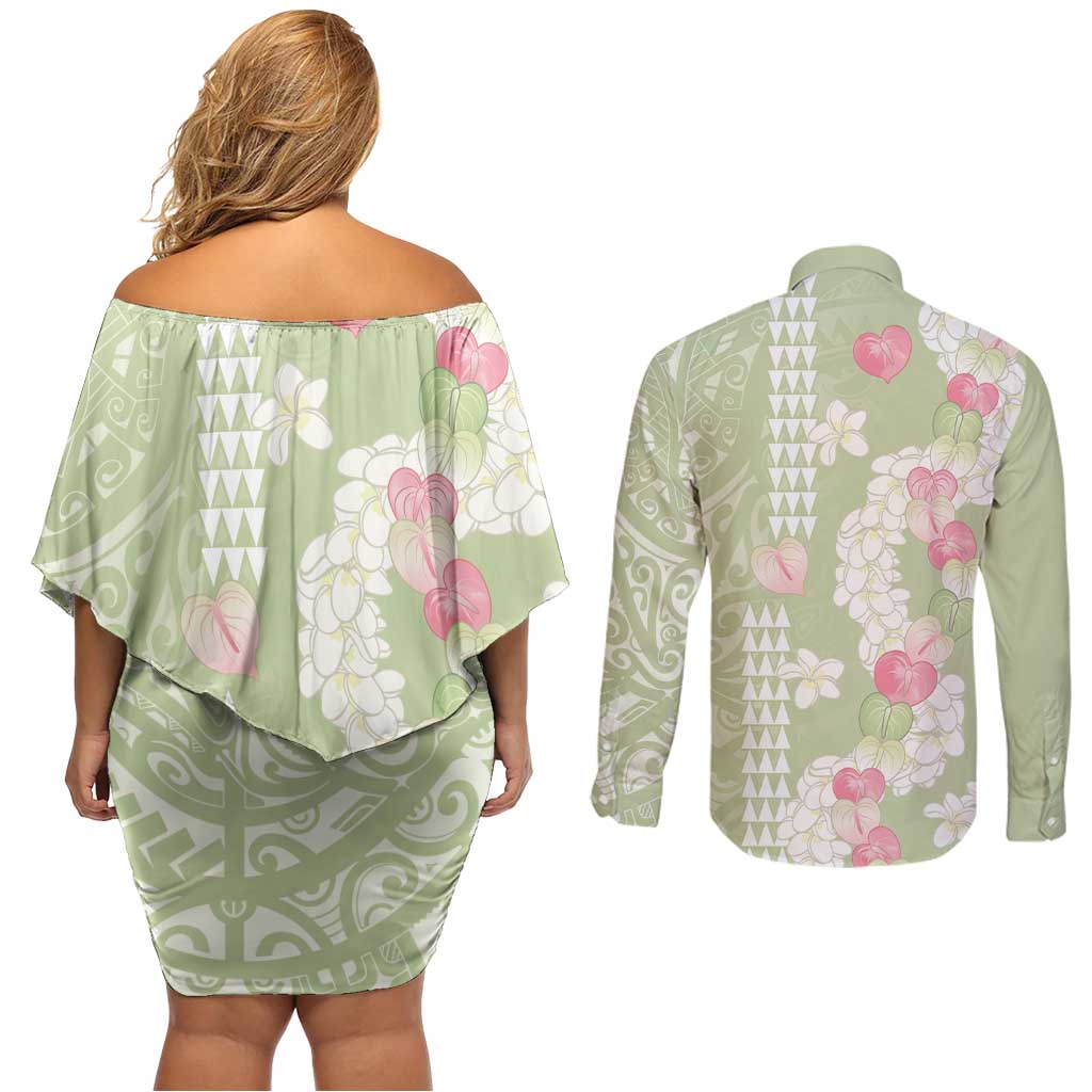 Leaf Green Hawaii Anthurium Plumeria Lei Couples Matching Off Shoulder Short Dress and Long Sleeve Button Shirt LT9 - Polynesian Pride