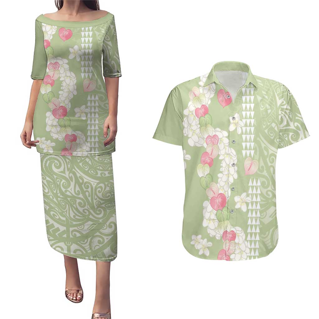 Leaf Green Hawaii Anthurium Plumeria Lei Couples Matching Puletasi and Hawaiian Shirt