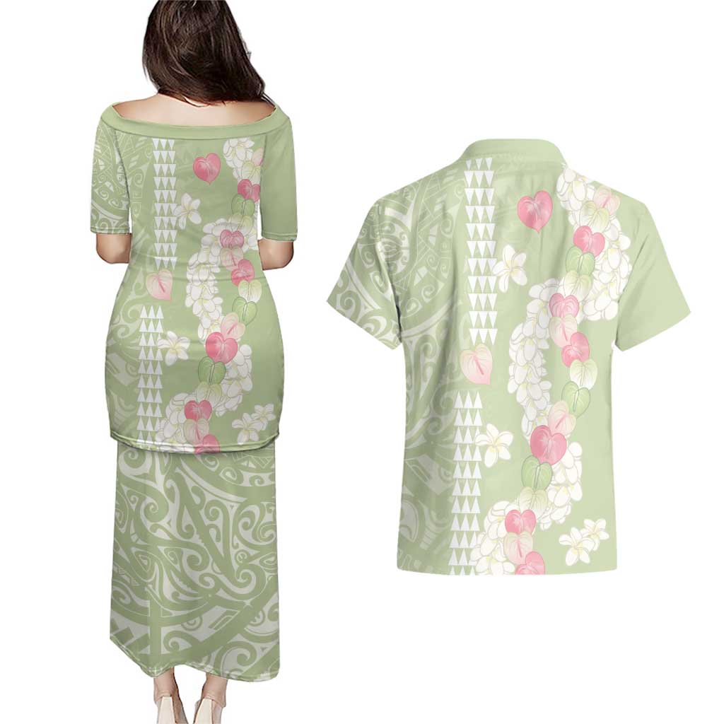 Leaf Green Hawaii Anthurium Plumeria Lei Couples Matching Puletasi and Hawaiian Shirt LT9 - Polynesian Pride