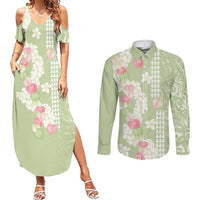 Leaf Green Hawaii Anthurium Plumeria Lei Couples Matching Summer Maxi Dress and Long Sleeve Button Shirt LT9 Green - Polynesian Pride