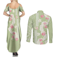 Leaf Green Hawaii Anthurium Plumeria Lei Couples Matching Summer Maxi Dress and Long Sleeve Button Shirt LT9 - Polynesian Pride