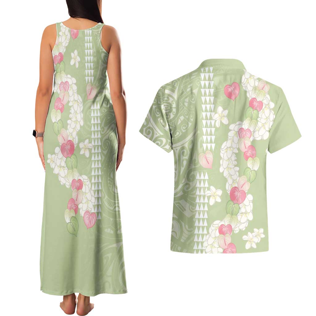 Leaf Green Hawaii Anthurium Plumeria Lei Couples Matching Tank Maxi Dress and Hawaiian Shirt LT9 - Polynesian Pride
