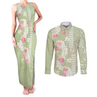 Leaf Green Hawaii Anthurium Plumeria Lei Couples Matching Tank Maxi Dress and Long Sleeve Button Shirt LT9 Green - Polynesian Pride
