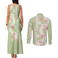 Leaf Green Hawaii Anthurium Plumeria Lei Couples Matching Tank Maxi Dress and Long Sleeve Button Shirt LT9 - Polynesian Pride