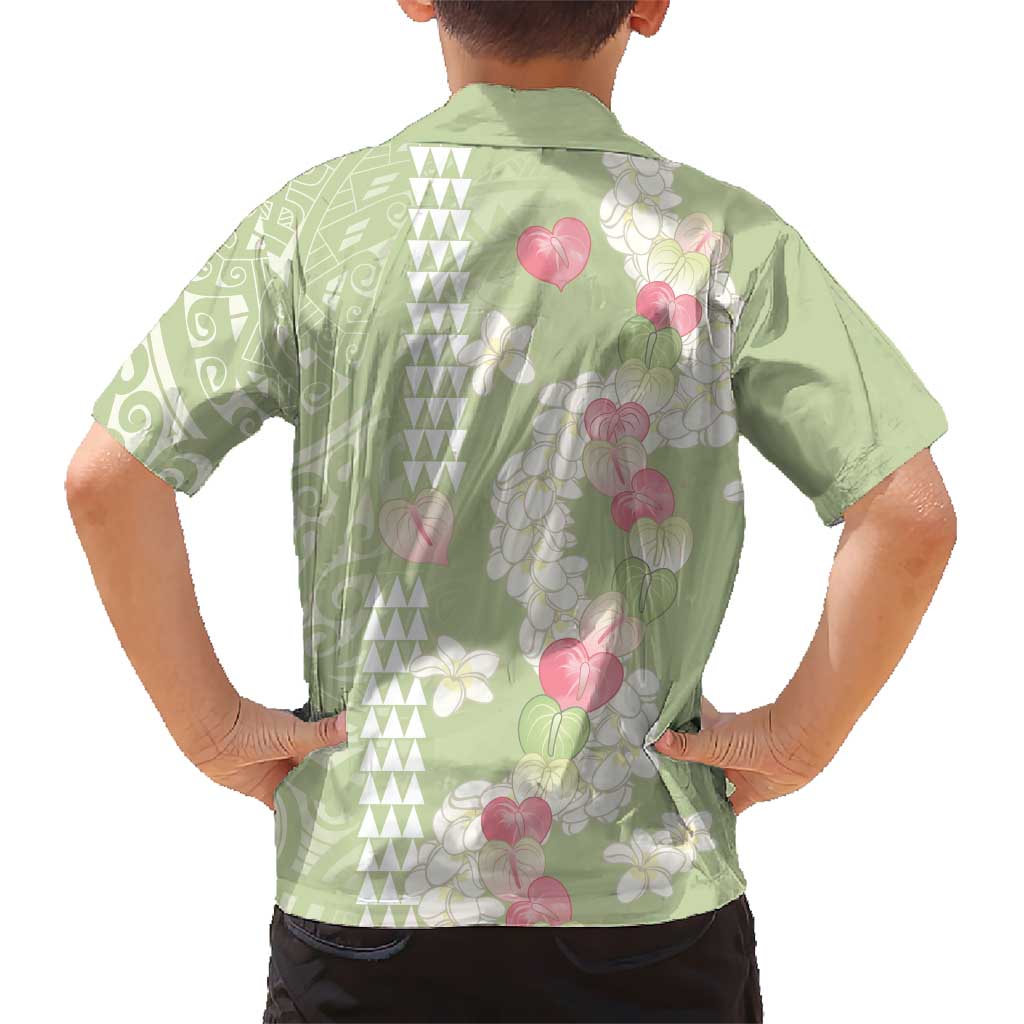 Leaf Green Hawaii Anthurium Plumeria Lei Family Matching Long Sleeve Bodycon Dress and Hawaiian Shirt