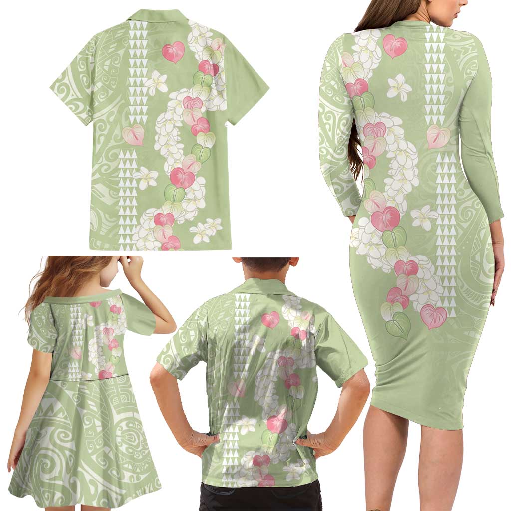 Leaf Green Hawaii Anthurium Plumeria Lei Family Matching Long Sleeve Bodycon Dress and Hawaiian Shirt