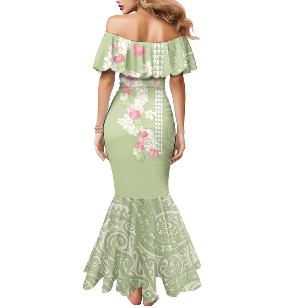 Leaf Green Hawaii Anthurium Plumeria Lei Family Matching Mermaid Dress and Hawaiian Shirt