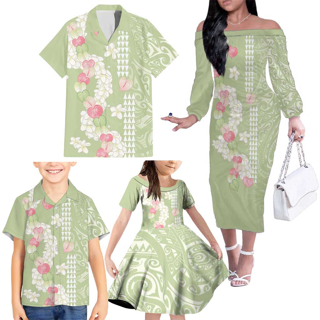 Leaf Green Hawaii Anthurium Plumeria Lei Family Matching Off The Shoulder Long Sleeve Dress and Hawaiian Shirt