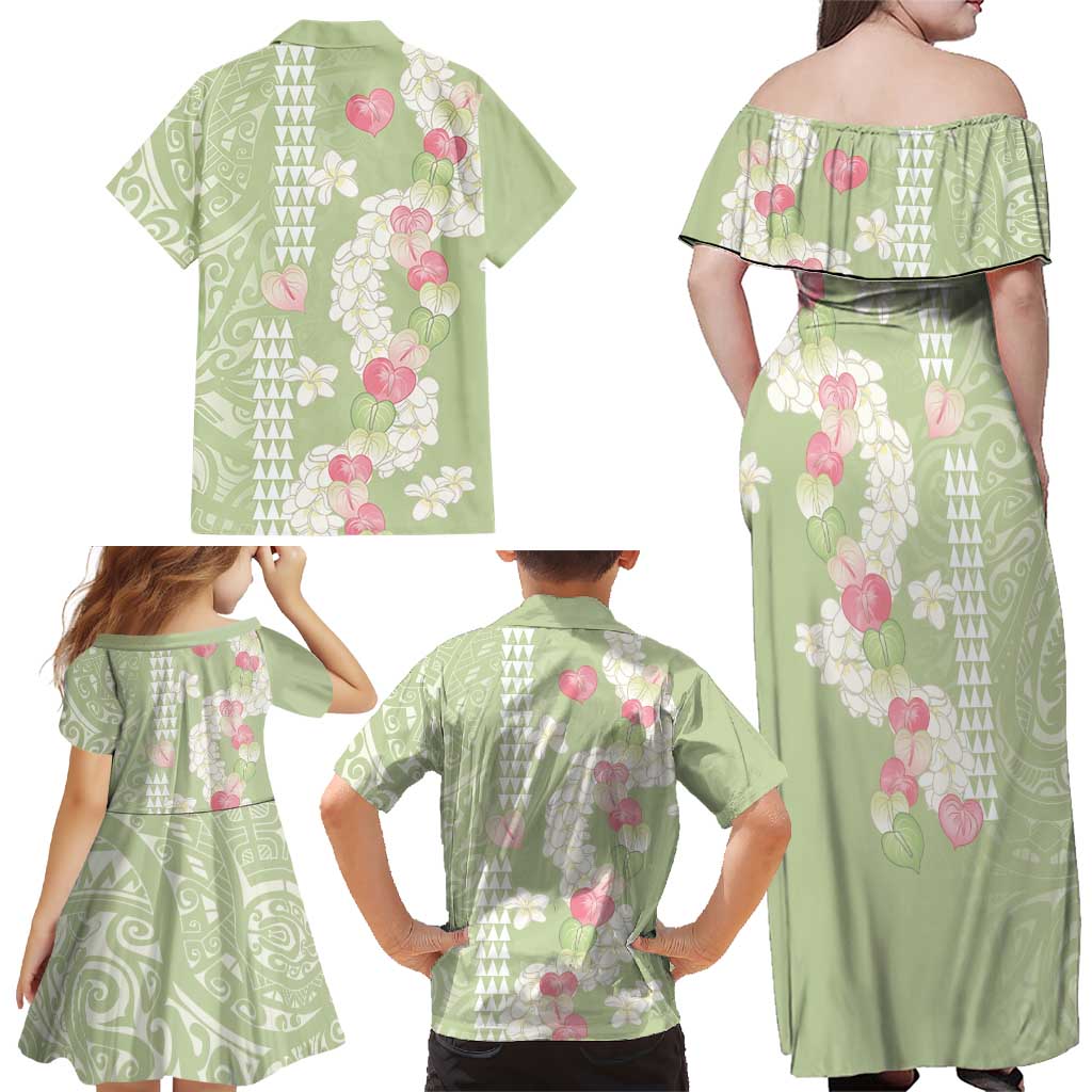 Leaf Green Hawaii Anthurium Plumeria Lei Family Matching Off Shoulder Maxi Dress and Hawaiian Shirt