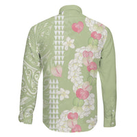 Leaf Green Hawaii Anthurium Plumeria Lei Family Matching Off Shoulder Maxi Dress and Hawaiian Shirt