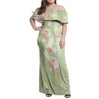 Leaf Green Hawaii Anthurium Plumeria Lei Family Matching Off Shoulder Maxi Dress and Hawaiian Shirt