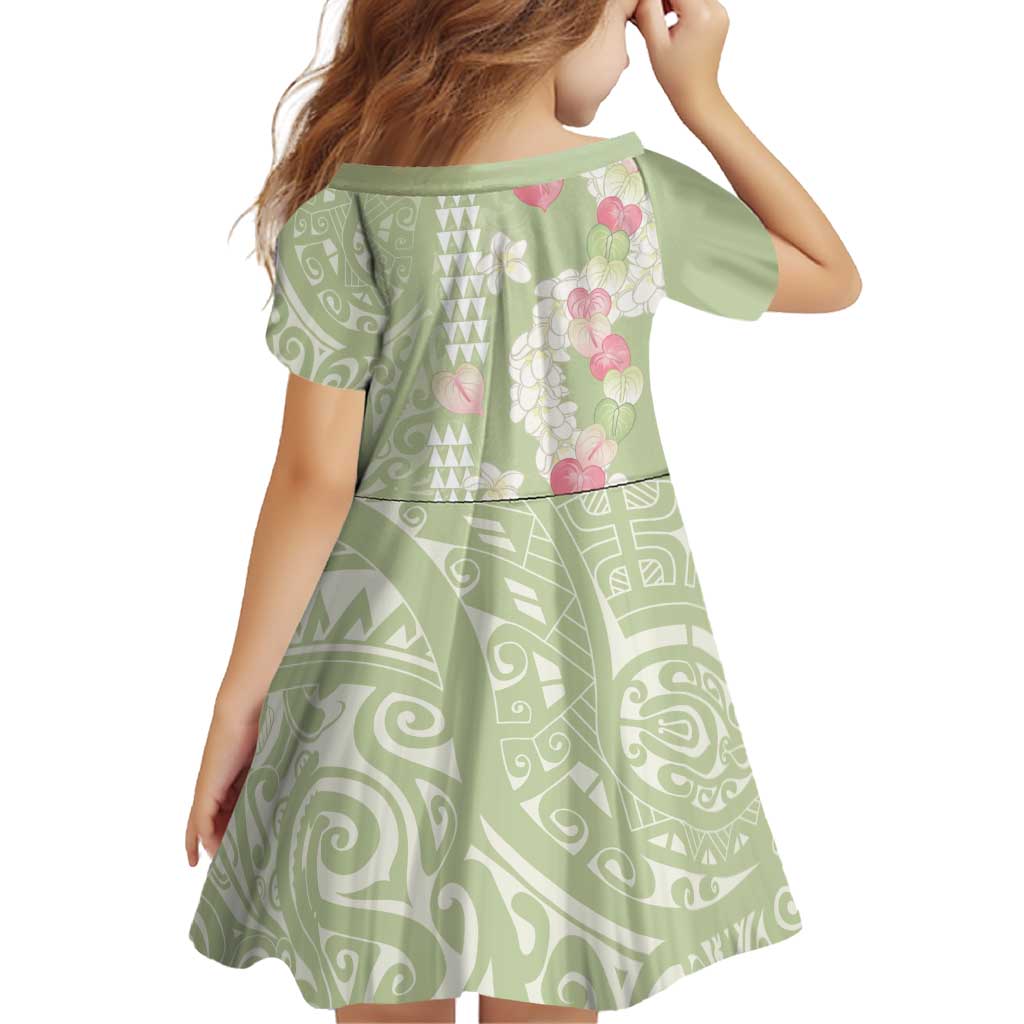 Leaf Green Hawaii Anthurium Plumeria Lei Family Matching Off Shoulder Short Dress and Hawaiian Shirt