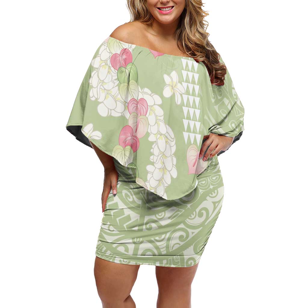 Leaf Green Hawaii Anthurium Plumeria Lei Family Matching Off Shoulder Short Dress and Hawaiian Shirt