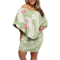 Leaf Green Hawaii Anthurium Plumeria Lei Family Matching Off Shoulder Short Dress and Hawaiian Shirt