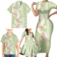 Leaf Green Hawaii Anthurium Plumeria Lei Family Matching Short Sleeve Bodycon Dress and Hawaiian Shirt