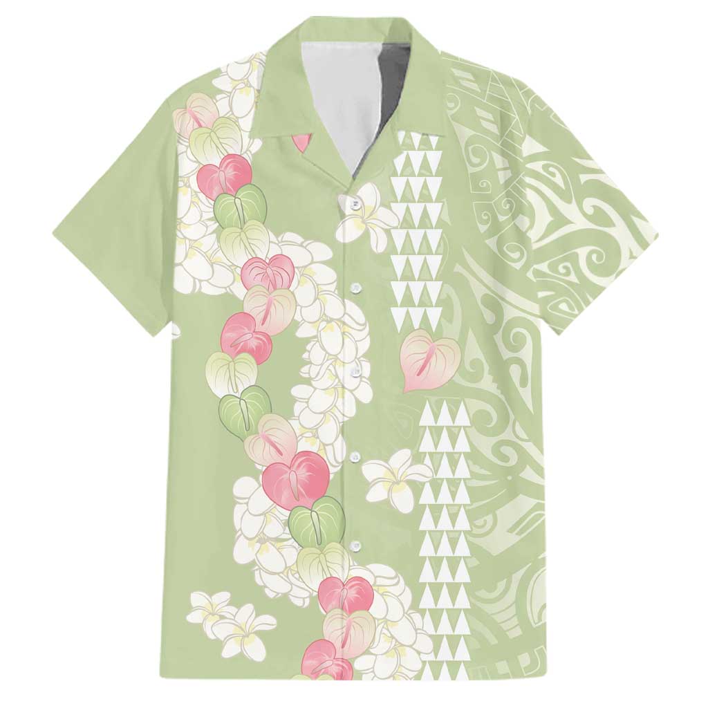 Leaf Green Hawaii Anthurium Plumeria Lei Family Matching Short Sleeve Bodycon Dress and Hawaiian Shirt