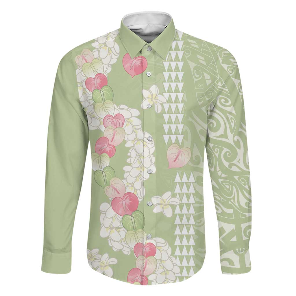 Leaf Green Hawaii Anthurium Plumeria Lei Family Matching Short Sleeve Bodycon Dress and Hawaiian Shirt