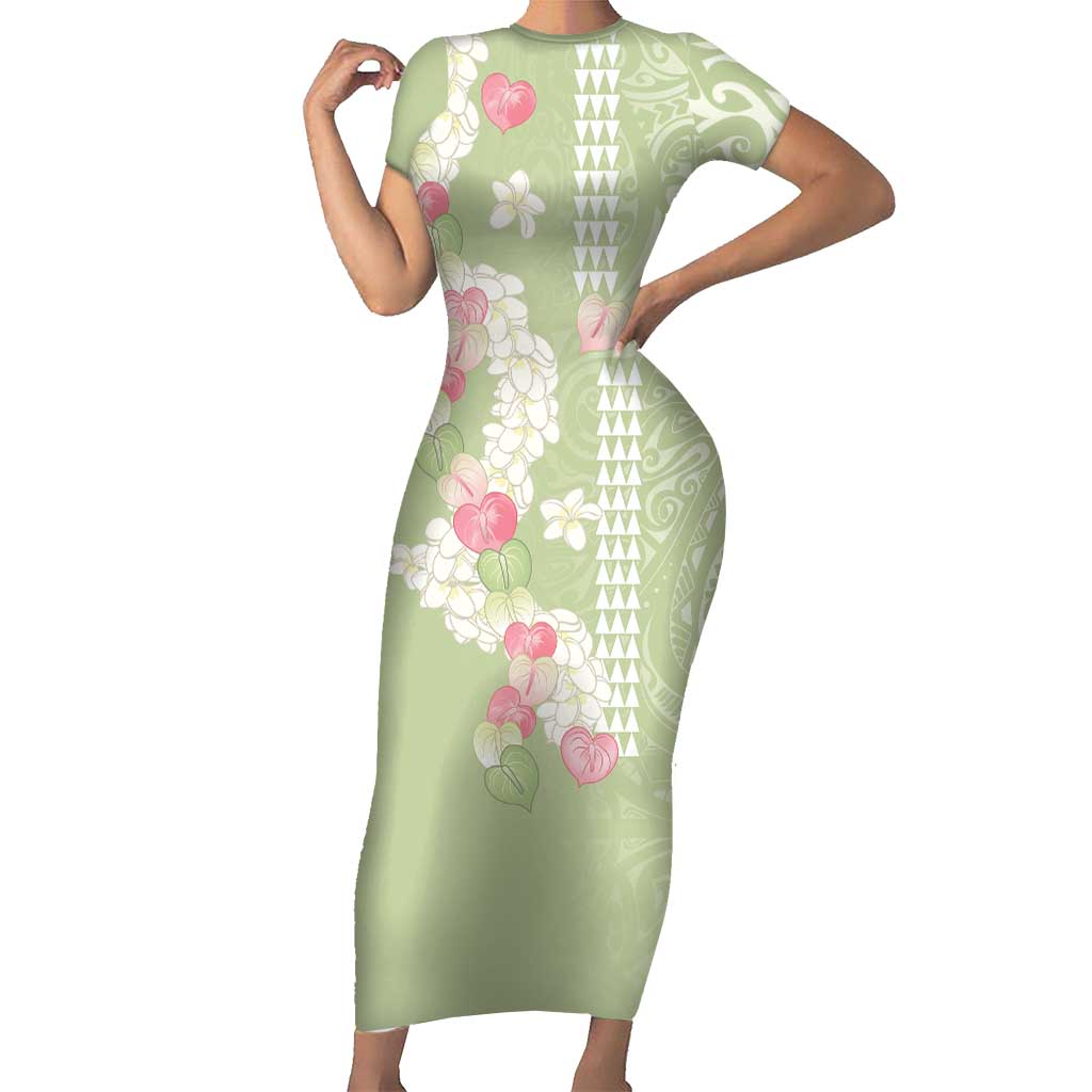 Leaf Green Hawaii Anthurium Plumeria Lei Family Matching Short Sleeve Bodycon Dress and Hawaiian Shirt