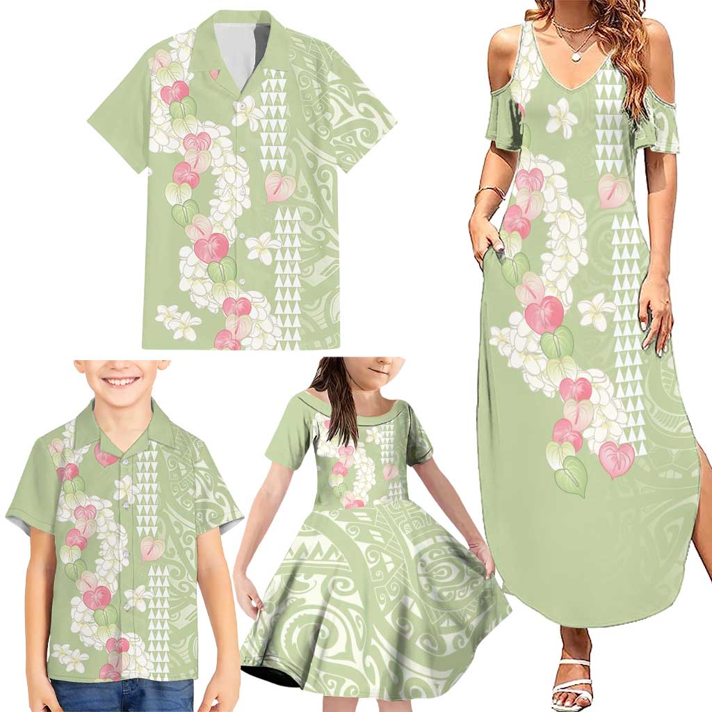 Leaf Green Hawaii Anthurium Plumeria Lei Family Matching Summer Maxi Dress and Hawaiian Shirt